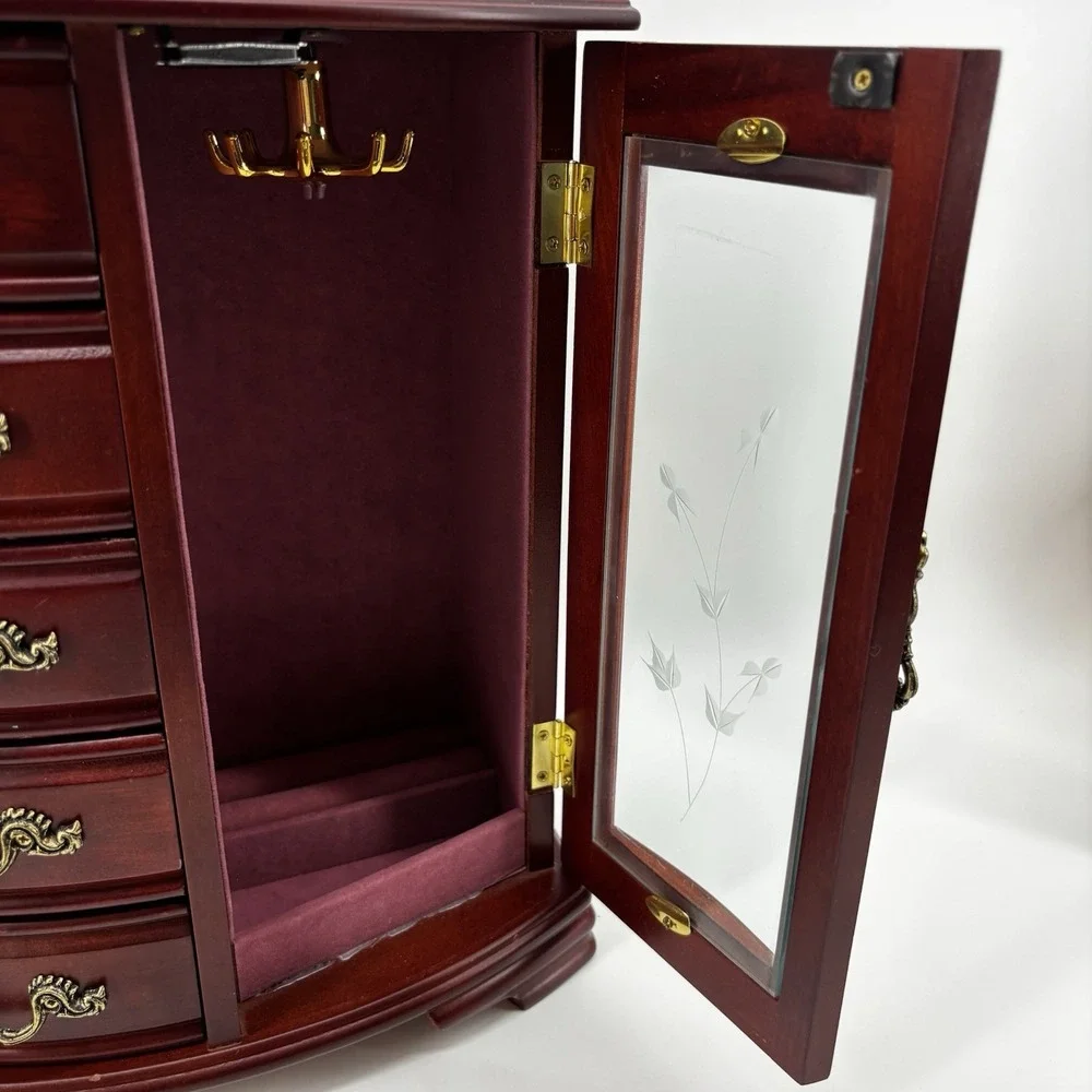 Vintage Mahogany Wood Jewelry Armoire Chest - Etched Glass Door & 5 Drawers